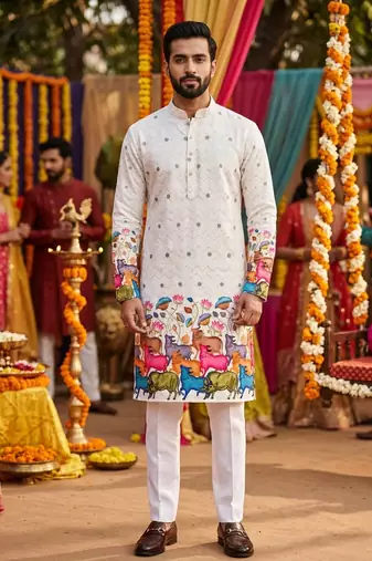 Multicolor carnival special cotton heavy crochet sequins digital printed men's kurta