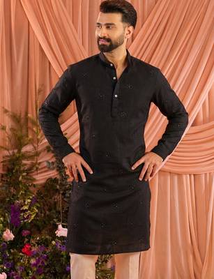 Black traditional wedding wear linen cotton embroidery work men's kurta set 2
