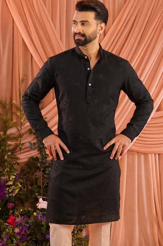 Black traditional wedding linen cotton embroidered men's kurta