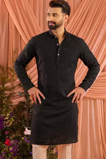 Black traditional wedding linen cotton embroidered men's kurta