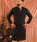 Black traditional wedding linen cotton embroidered men's kurta