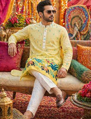Multicolor men's carnival special cotton digital print crochet sequins kurta with bottom set 2
