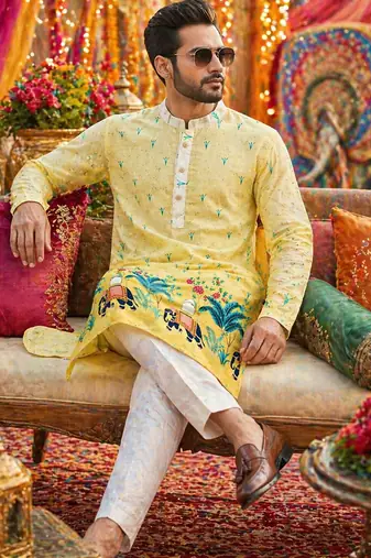 Multicolor men's carnival special cotton digital print crochet sequins kurta with bottom set