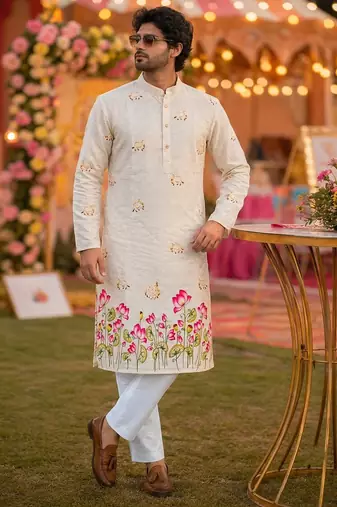 Multicolor men's carnival special cotton digital print crochet sequins kurta with bottom set