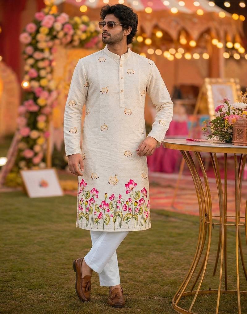 Multicolor men's carnival special cotton digital print crochet sequins kurta with bottom set