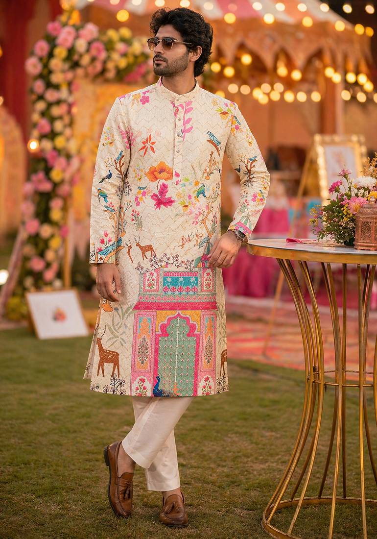 Multicolor men's carnival special cotton digital print crochet sequins kurta with bottom set