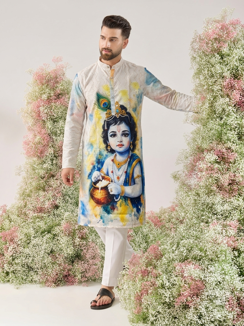 Festive special cotton digital printed heavy crochet sequins men's kurta bottom set