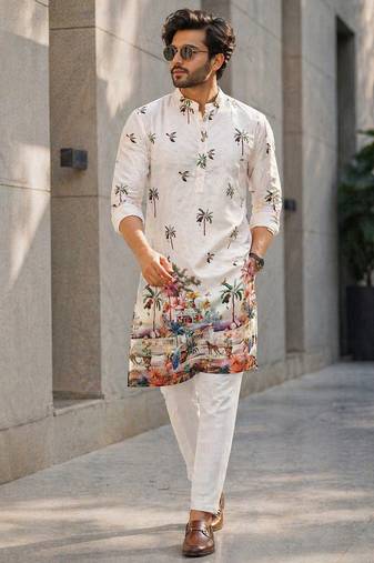 Multicolor carnival special cotton heavy crochet sequins digital printed men's kurta