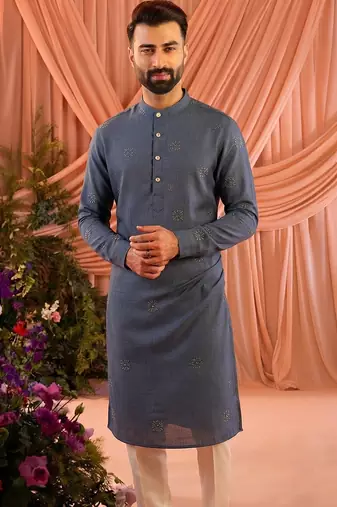 Grey traditional linen cotton heavy embroidery men's kurta with pajama set