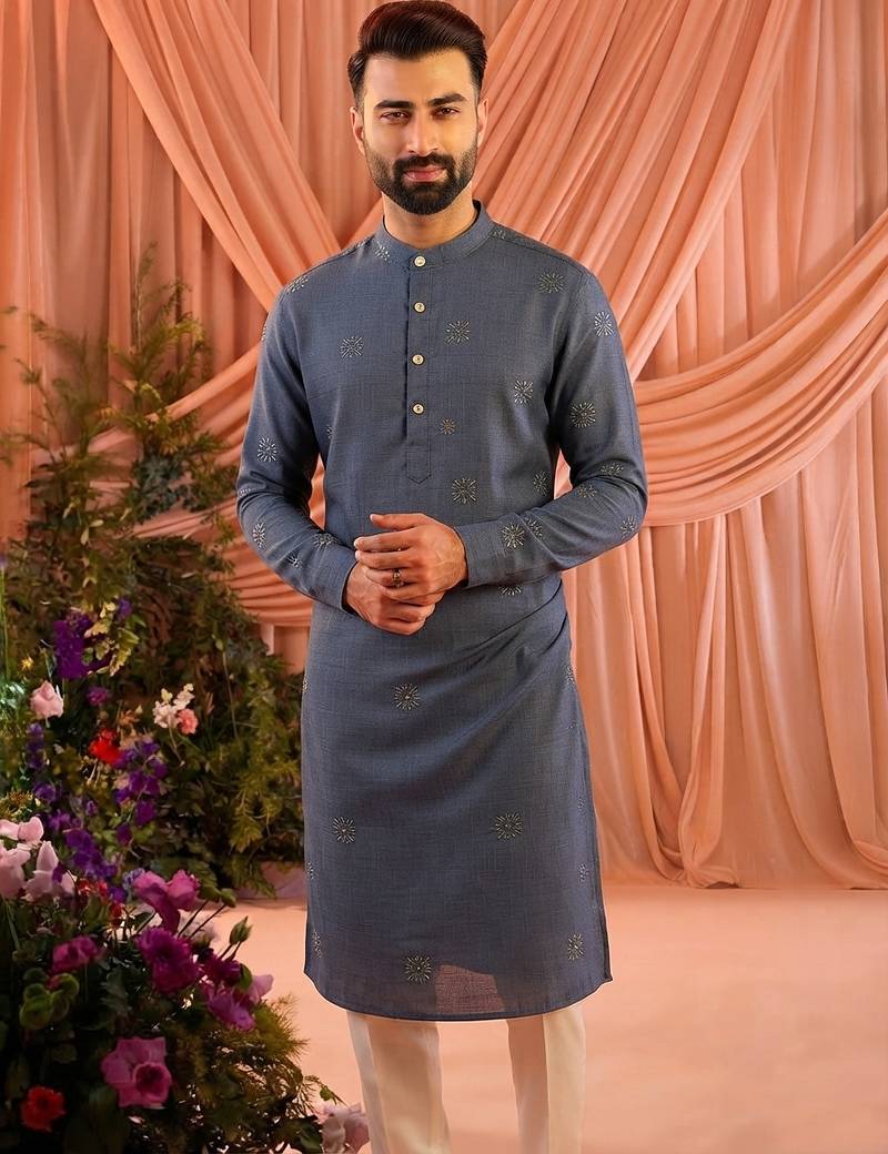 Grey traditional linen cotton heavy embroidery men's kurta with pajama set