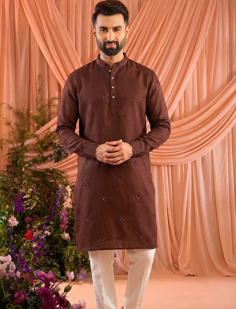 Brown traditional linen cotton heavy embroidery men's kurta with pajama set