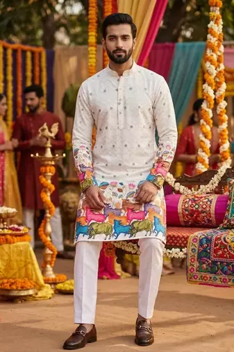 Multicolor men's carnival special cotton digital print crochet sequins kurta with bottom set