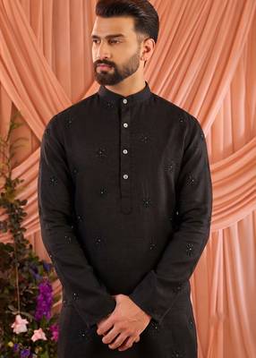 Black traditional wedding wear linen cotton embroidery work men's kurta set 3