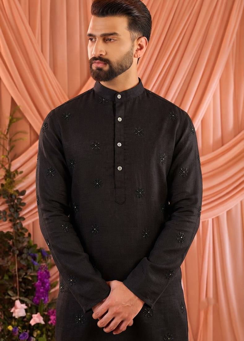 Black traditional wedding wear linen cotton embroidery work men's kurta set