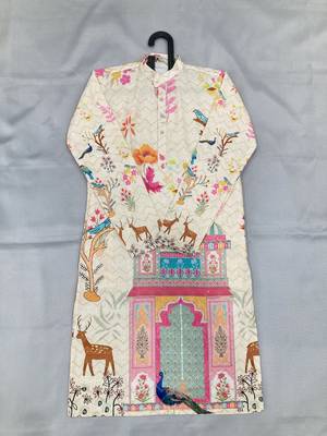 Multicolor carnival special cotton heavy crochet sequins digital printed men's kurta 4