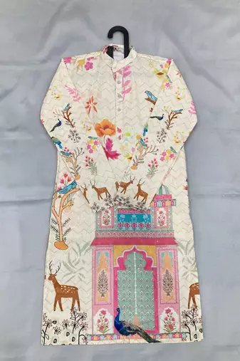Multicolor carnival special cotton heavy crochet sequins digital printed men's kurta