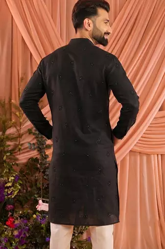 Black traditional wedding wear linen cotton embroidery work men's kurta set
