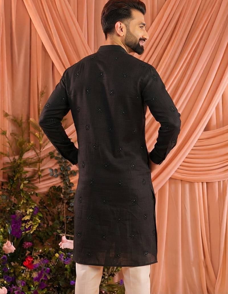 Black traditional wedding wear linen cotton embroidery work men's kurta set