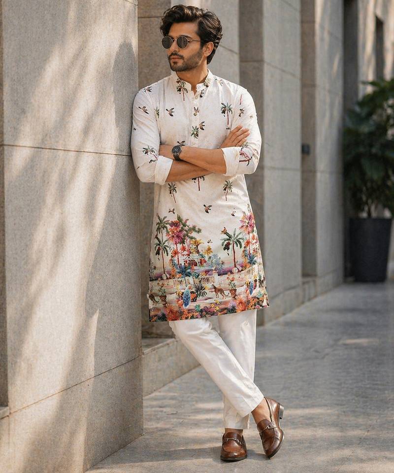 Multicolor men's carnival special cotton digital print crochet sequins kurta with bottom set