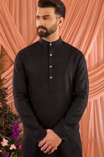 Black traditional wedding linen cotton embroidered men's kurta