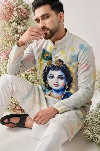 Festive special cotton digital printed heavy crochet sequins men's kurta bottom set