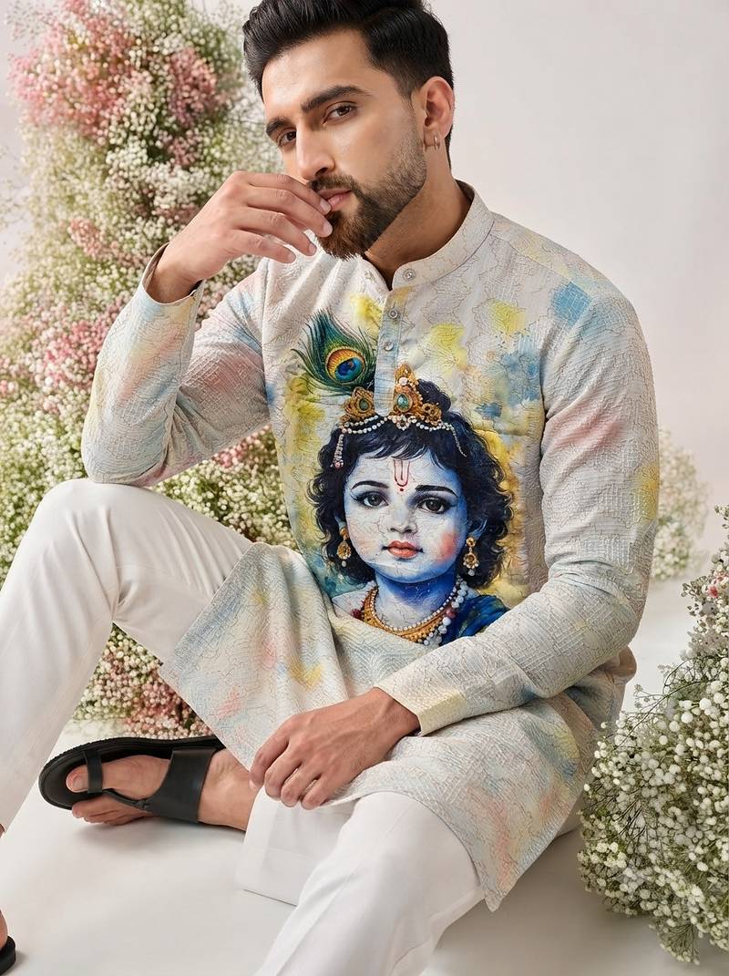 Festive special cotton digital printed heavy crochet sequins men's kurta bottom set