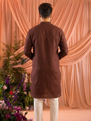 Brown trendy premium linen cotton embroidered men's kurta 3