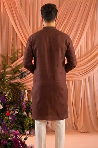 Brown trendy premium linen cotton embroidered men's kurta