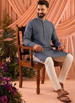 Grey traditional linen cotton heavy embroidery men's kurta with pajama set 3
