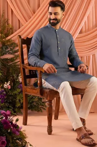 Grey traditional linen cotton heavy embroidery men's kurta with pajama set