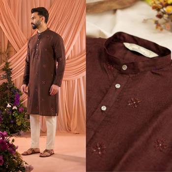Brown trendy premium linen cotton embroidered men's kurta 4