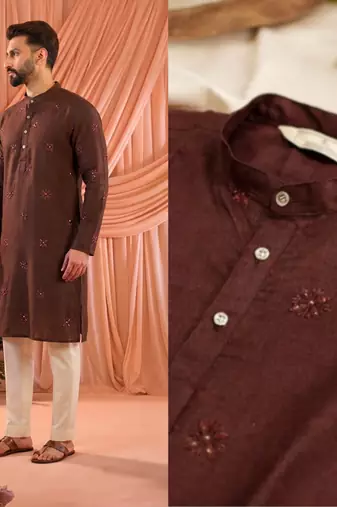 Brown trendy premium linen cotton embroidered men's kurta
