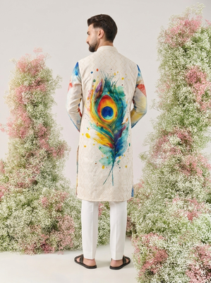 Traditional men's cotton digital printed heavy crochet sequins kurta 2