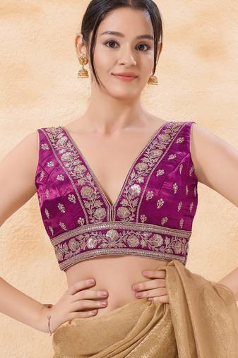 women's silk blend  padded back-open sleeveless saree blouse