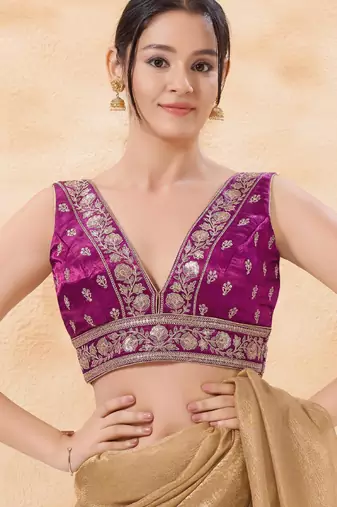 women's silk blend  padded back-open sleeveless saree blouse