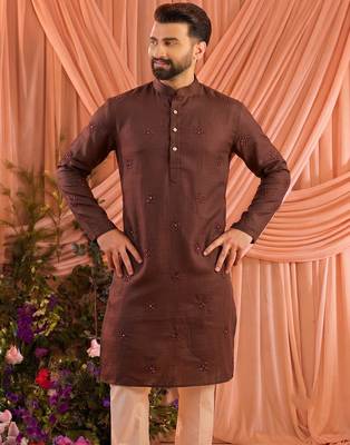 Brown traditional linen cotton heavy embroidery men's kurta with pajama set 3