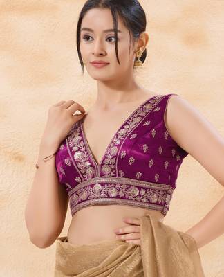 women's silk blend  padded back-open sleeveless saree blouse 3
