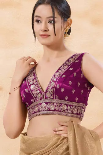 women's silk blend  padded back-open sleeveless saree blouse