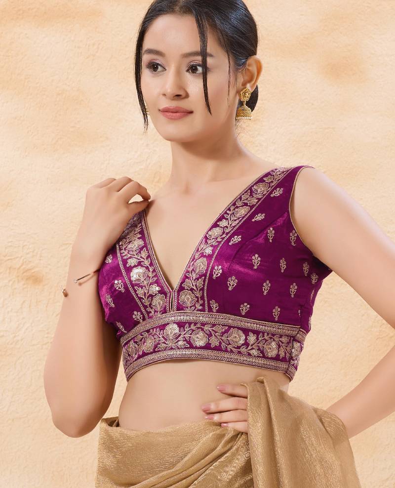 women's silk blend  padded back-open sleeveless saree blouse