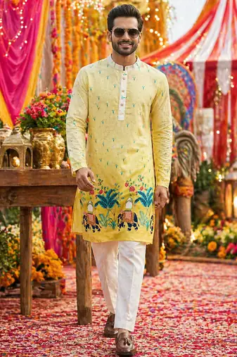 Multicolor carnival special cotton heavy crochet sequins digital printed men's kurta