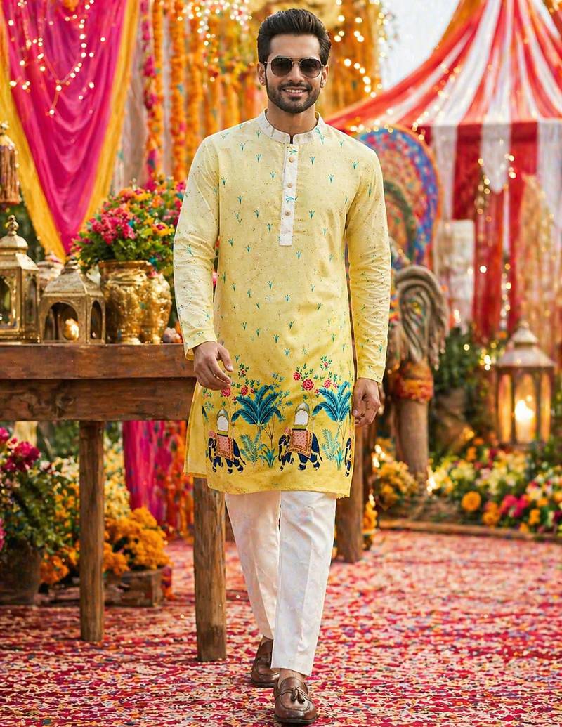 Multicolor carnival special cotton heavy crochet sequins digital printed men's kurta