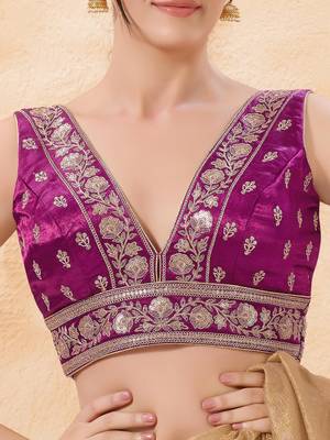 women's silk blend  padded back-open sleeveless saree blouse 5