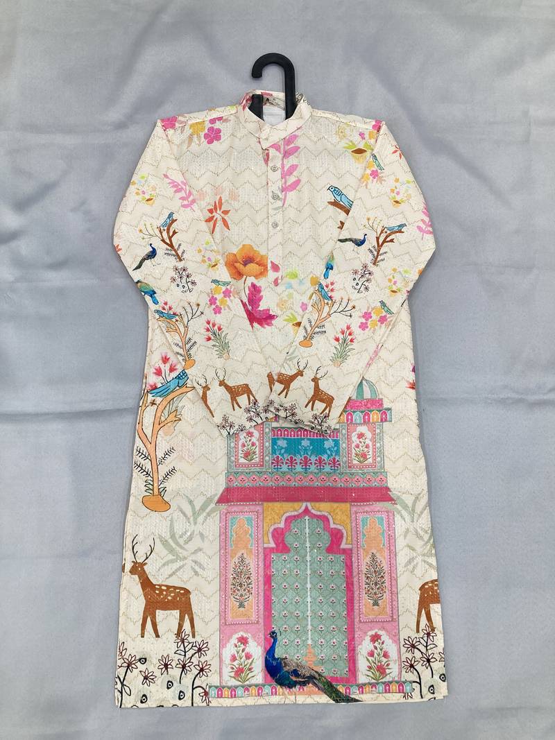 Multicolor men's carnival special cotton digital print crochet sequins kurta with bottom set