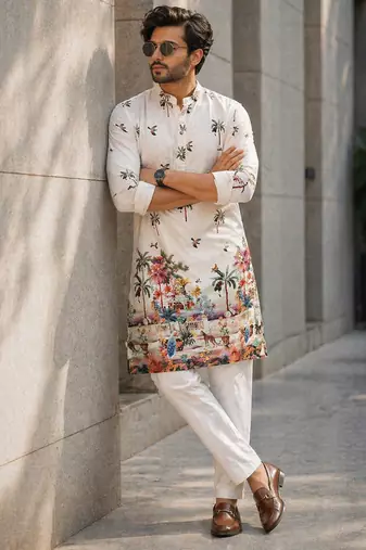 Multicolor carnival special cotton heavy crochet sequins digital printed men's kurta