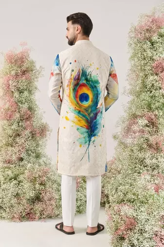 Festive special cotton digital printed heavy crochet sequins men's kurta bottom set