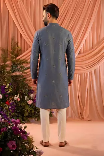 Grey traditional linen cotton heavy embroidery men's kurta with pajama set