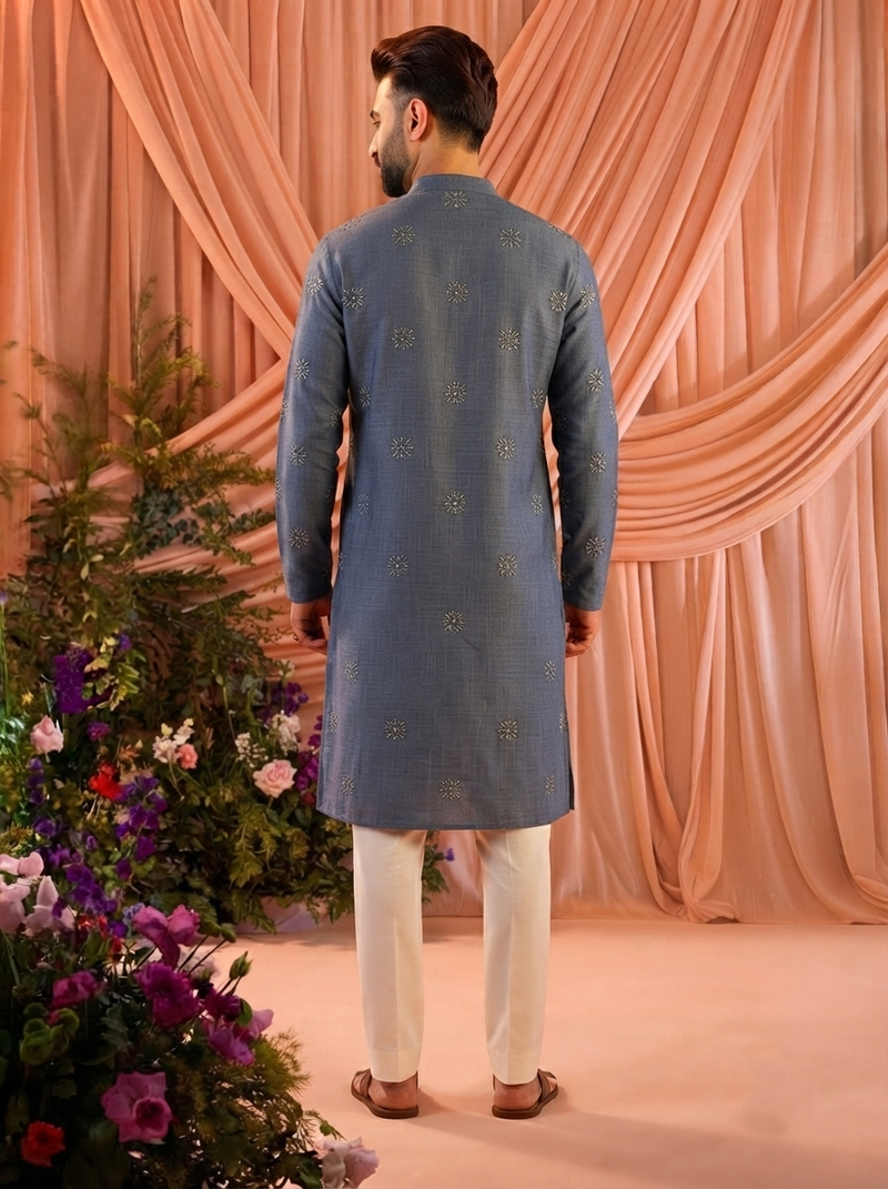 Grey festive wear linen cotton heavy embroidery men's kurta