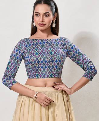 women's printed padded front-open elbow-length-sleeves saree blouse 1