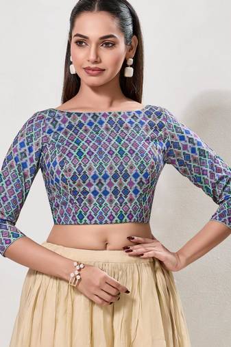 women's printed padded front-open elbow-length-sleeves saree blouse