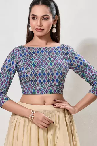 women's printed padded front-open elbow-length-sleeves saree blouse